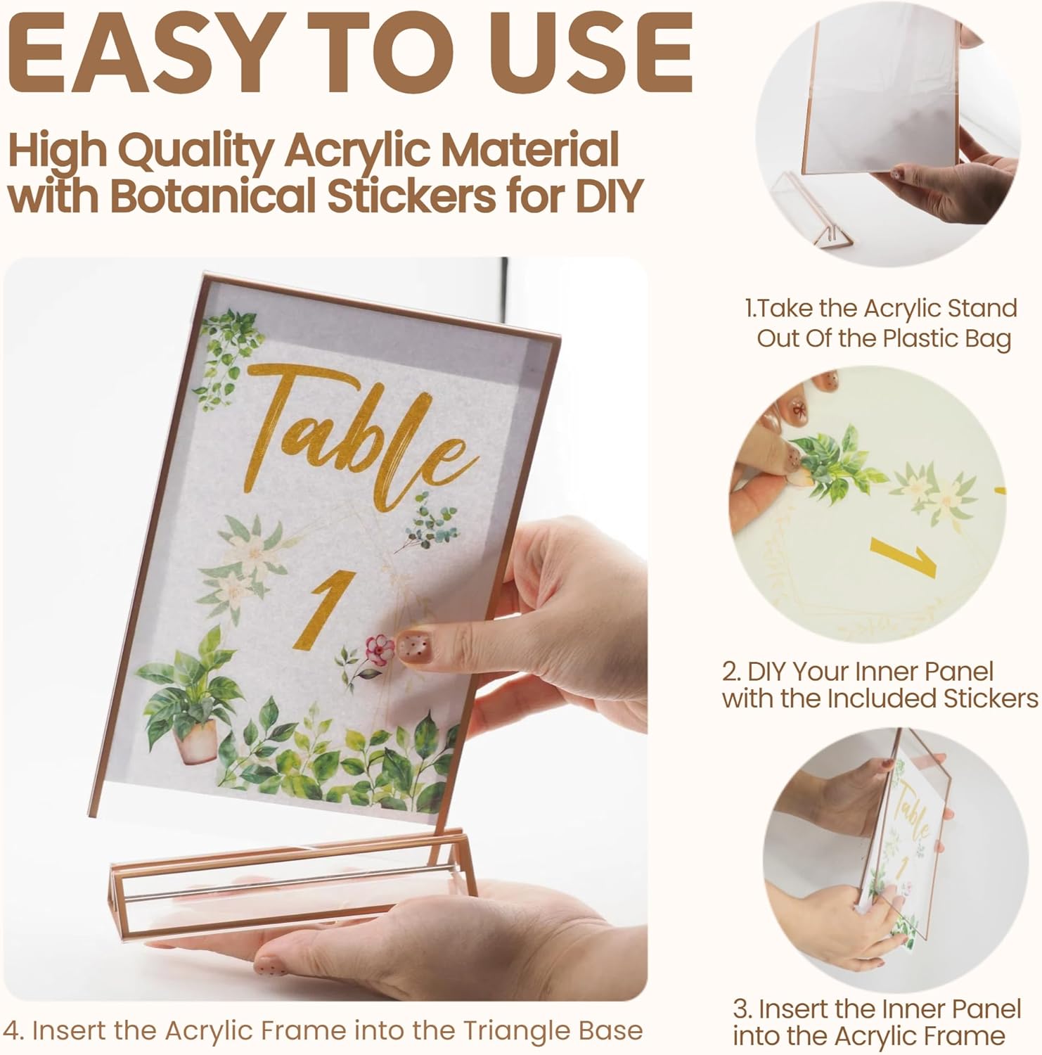 Acrylic Sign Holders 5x7” with 5 Stickers, Double Sided Clear Display Stand, Gold Tabletop Picture Frame, Table Menu Holder Display Stand for Wedding Number (Gold, 5 Pack 5x7 Inch)